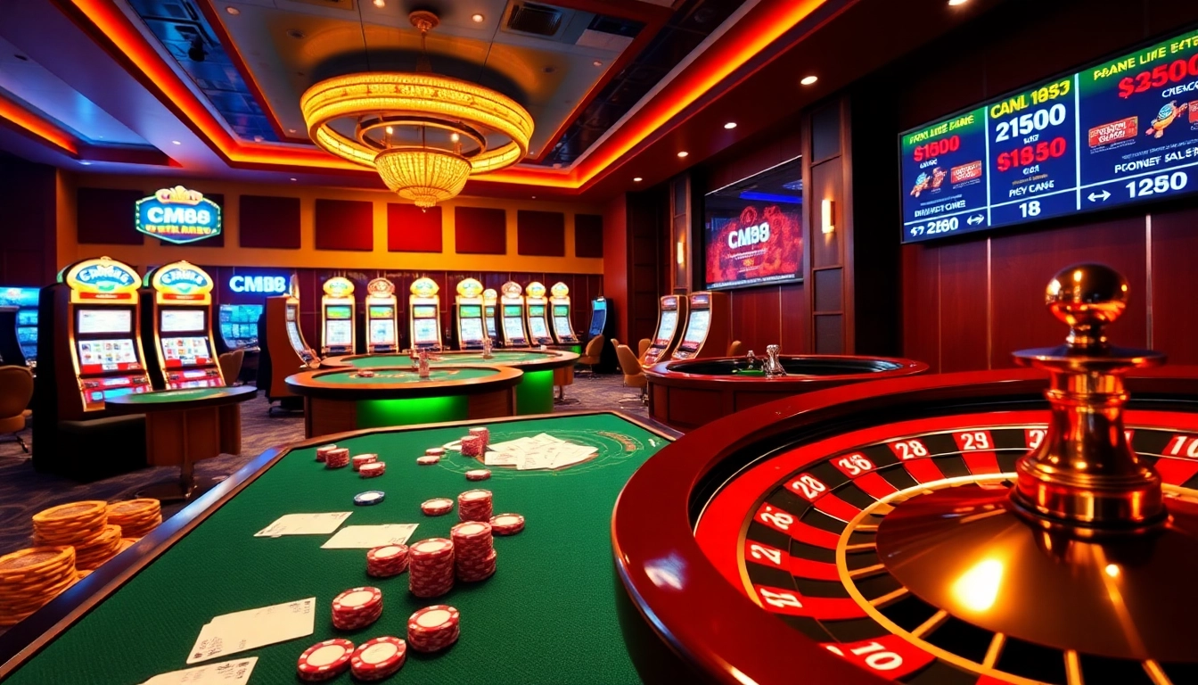 Experience the thrill of CM88 with vibrant casino visuals showcasing live table games and slot machines.