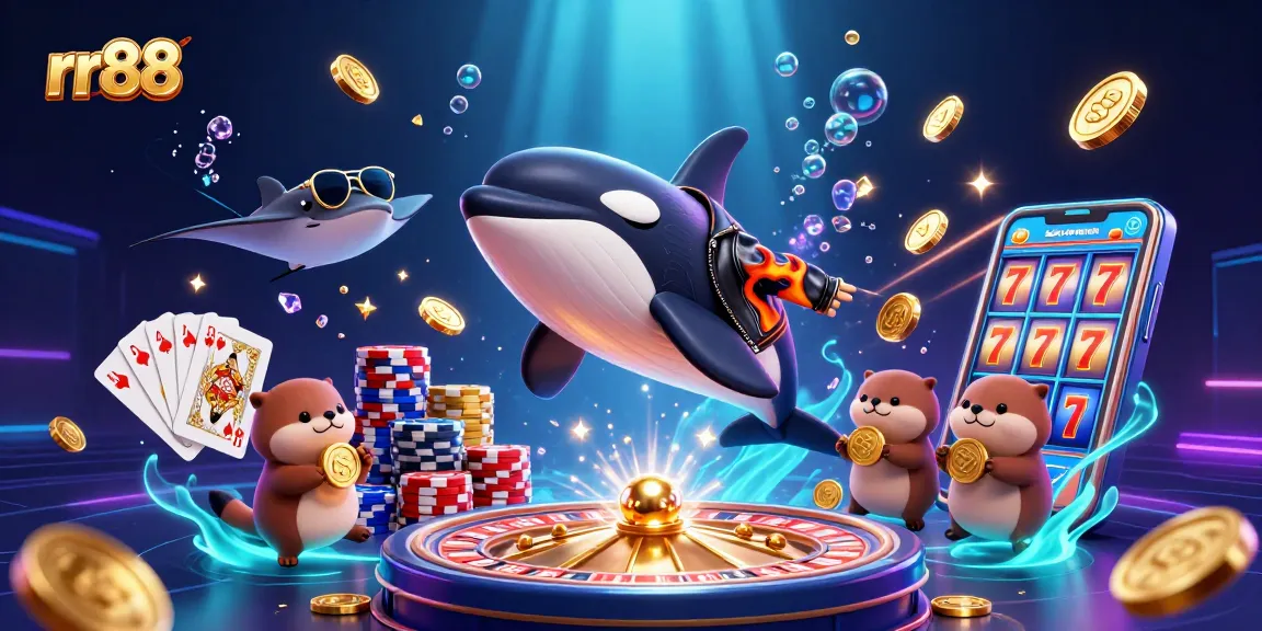 Experience exciting gameplay at rr88, featuring a vibrant scene with a whimsical orca and dynamic casino elements.