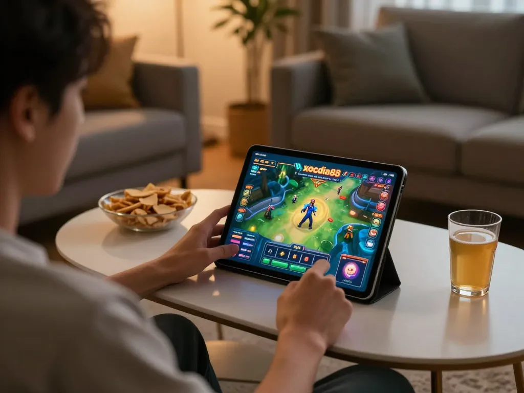 Xocdia88 player enjoying home gaming experience with tablet and snacks