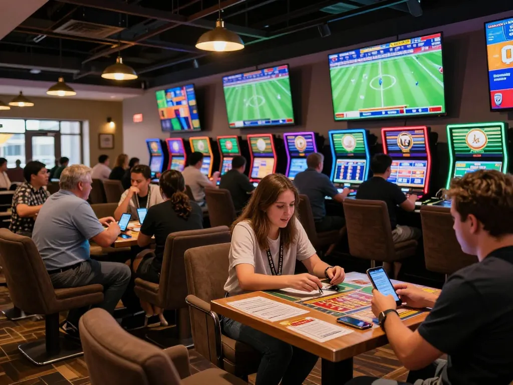 Engaged bettors analyzing odds and placing wagers at the footballl sports betting lounge