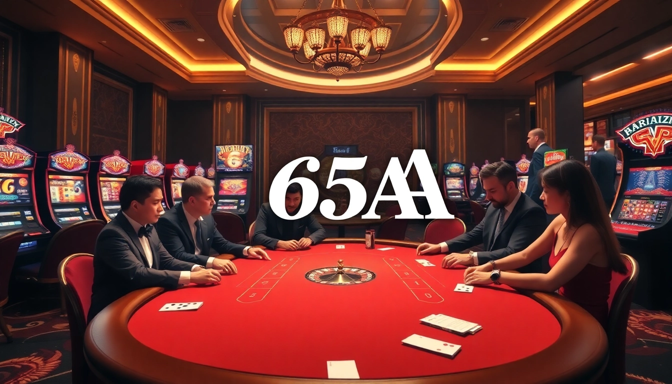 Players engage in a high-stakes poker game at the 65A casino, showcasing excitement and luxury.