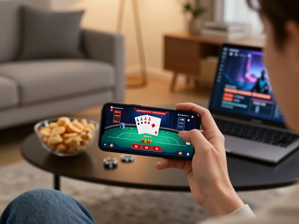 Sunwin player celebrating a winning hand in a virtual poker game, showcasing home gaming atmosphere.