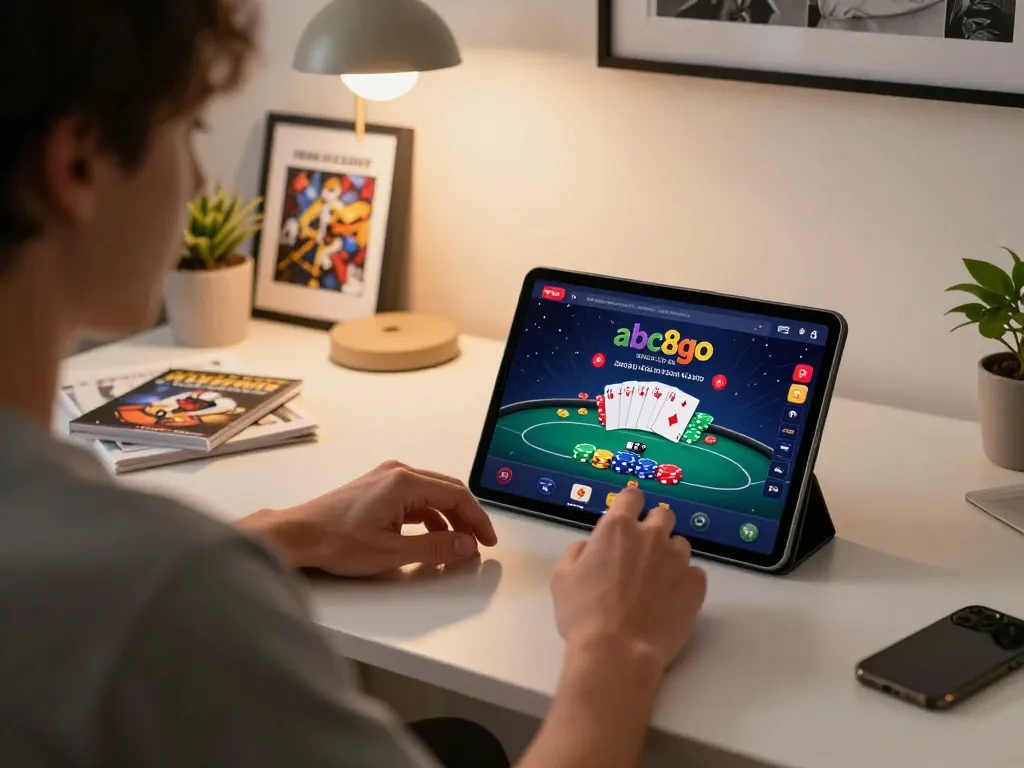 Engaging in strategic gameplay at abc8go online casino on a tablet from a cozy living setup.