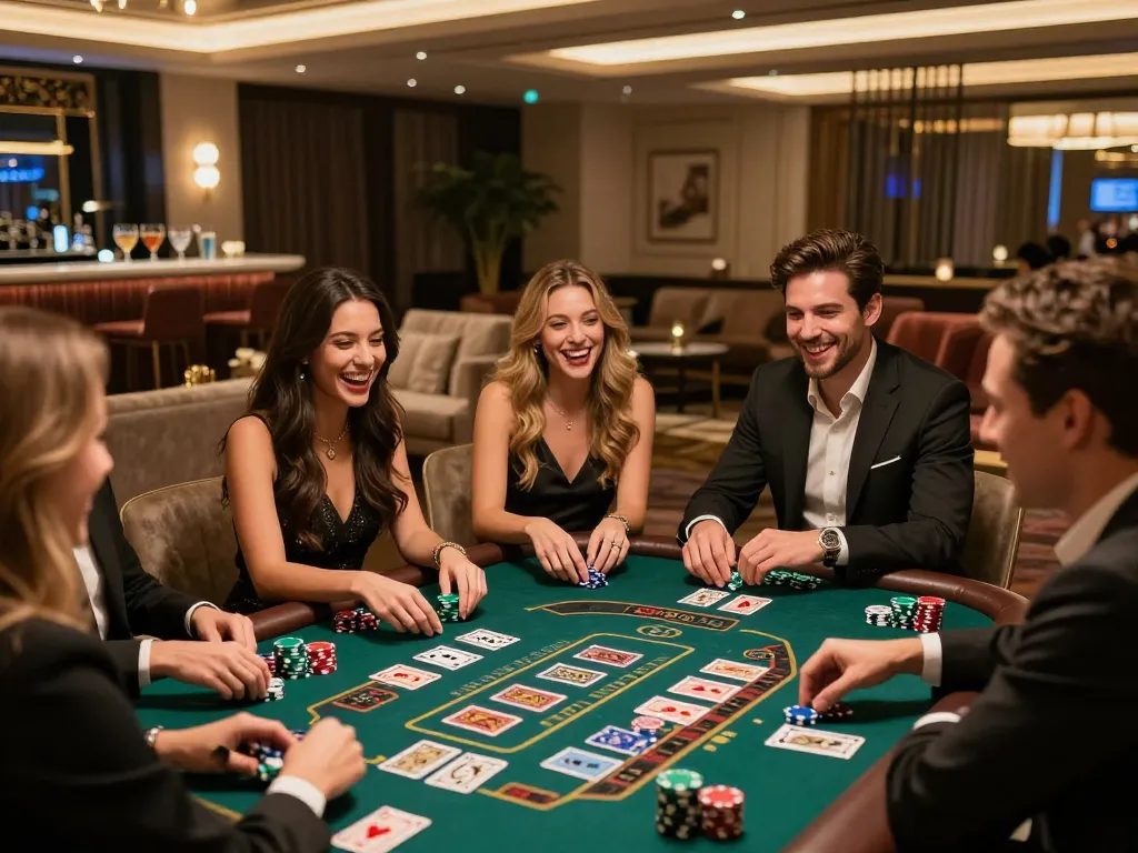 Friends celebrating wins at the casino, enjoying strategic gameplay with sun win atmosphere and vibrant game pieces.