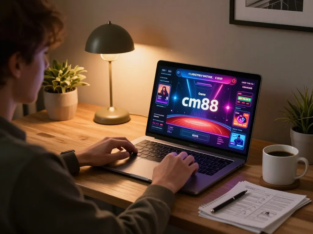 Engaging with Game cm88 on a stylish laptop in a cozy gaming setup.