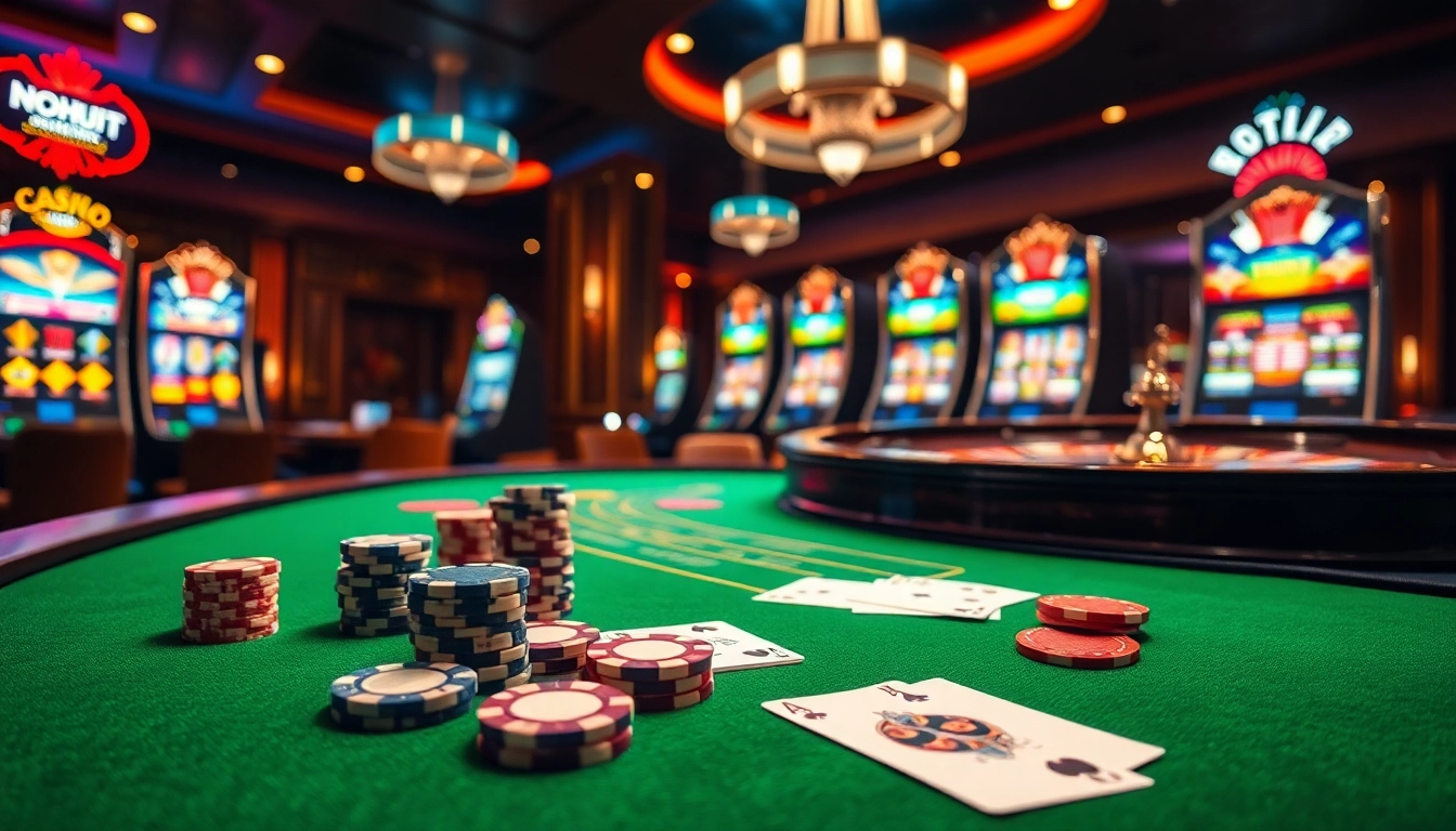 NOHU90 casino gaming scene with vibrant tables, poker chips, and slot machines.