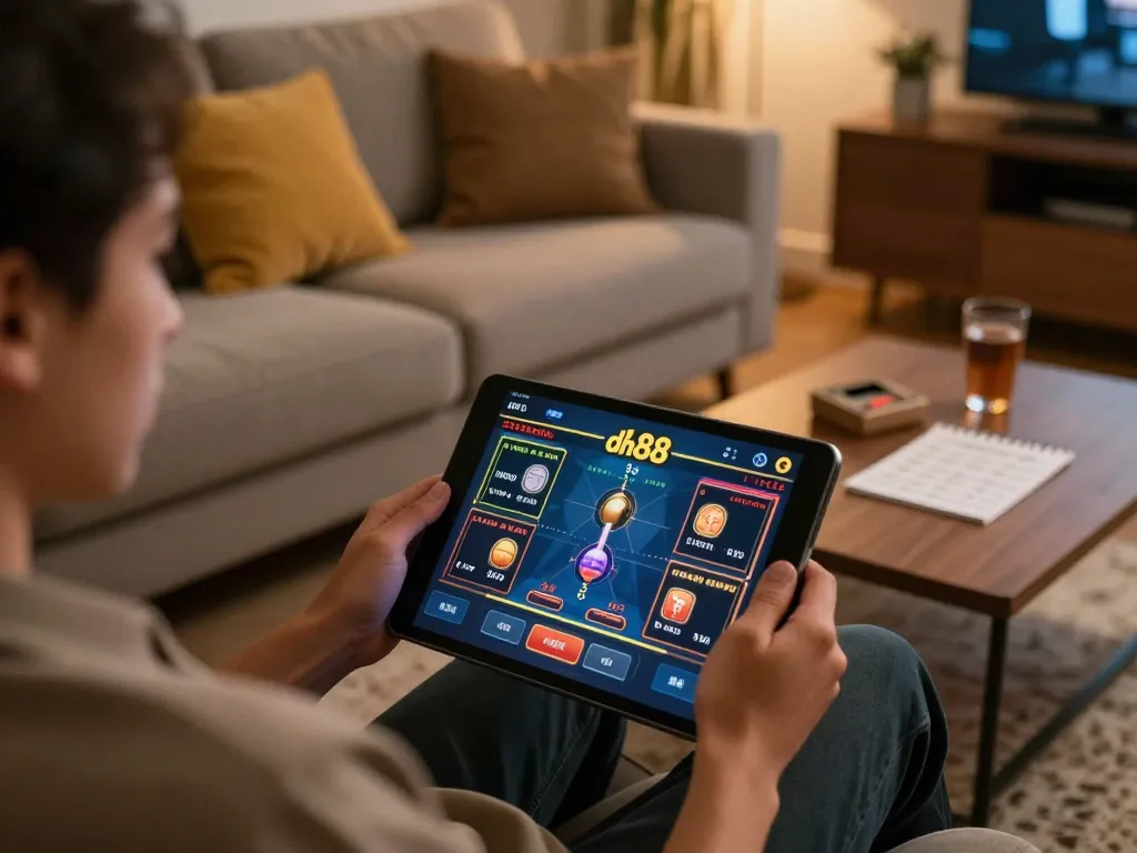 Engaging gaming experience on dn 88 app displayed on tablet in cozy home setting.