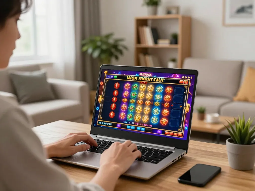 Player engaging with tg88 online slot game on laptop in cozy living room.