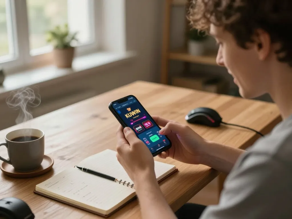 Excited player using the KUWIN online casino app on smartphone in a cozy home setting