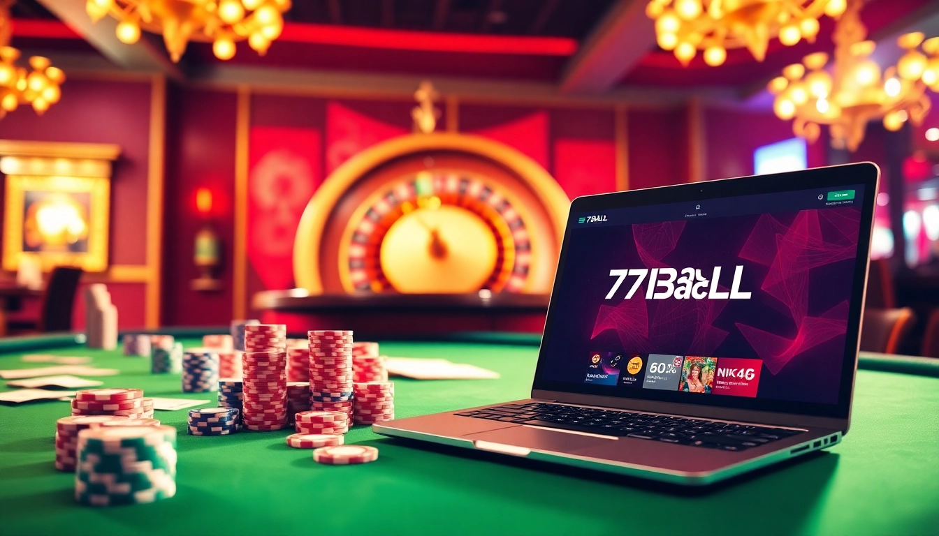 A vibrant casino scene showcasing the excitement of 77BALL with poker chips and roulette wheels.