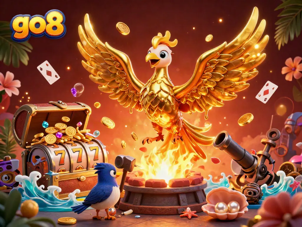 Experience the excitement of go8 with a vibrant 3D illustration of a molten gold phoenix amidst spinning slots and treasures.