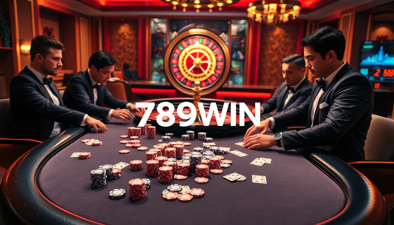 Experience the thrill of 789WIN with vibrant casino scenes filled with poker chips and card games.