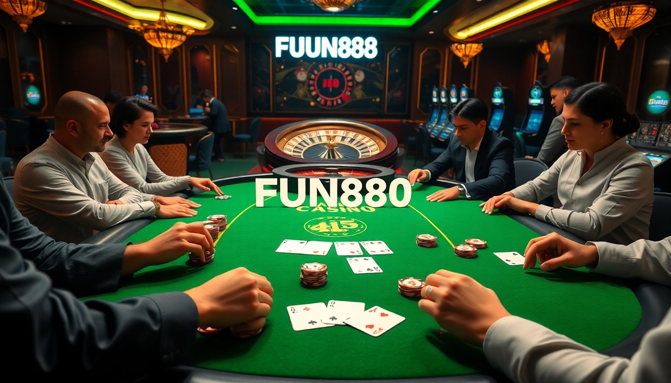 Engage with FUN88 poker at a luxurious casino table surrounded by high-stakes players.
