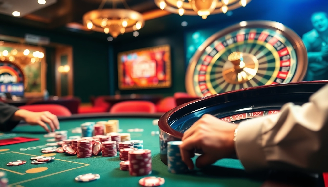 Exciting casino scene at http://luckywinn.cn.com/, featuring poker tables and a roulette wheel in a luxurious setting.