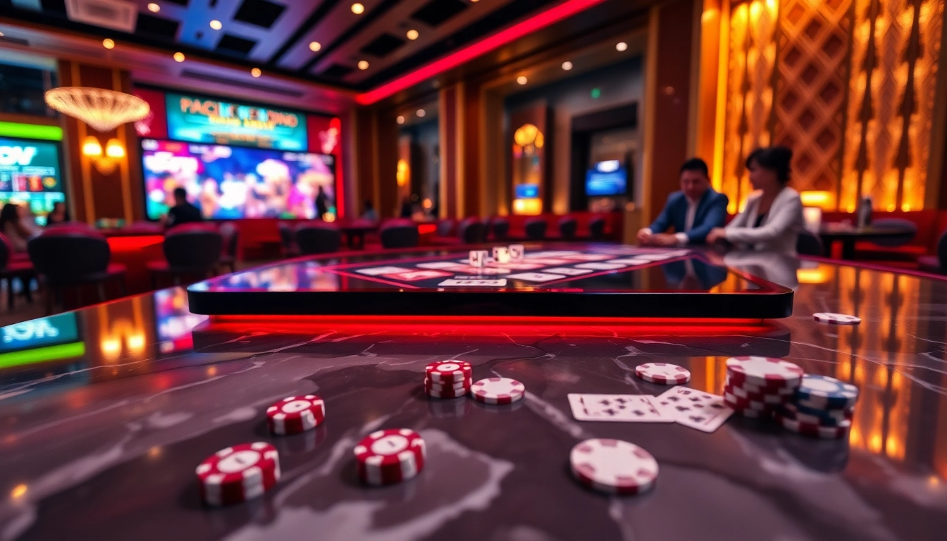 Tài xỉu MD5 game in an upscale casino setting with colorful dice and vibrant graphics.