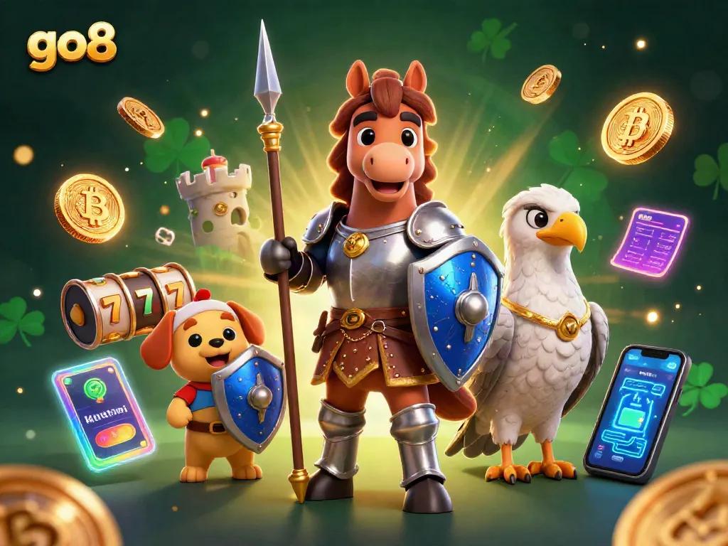 Join the excitement at go8 with medieval-themed characters, slot reels, and dynamic crypto elements in this vibrant illustration.