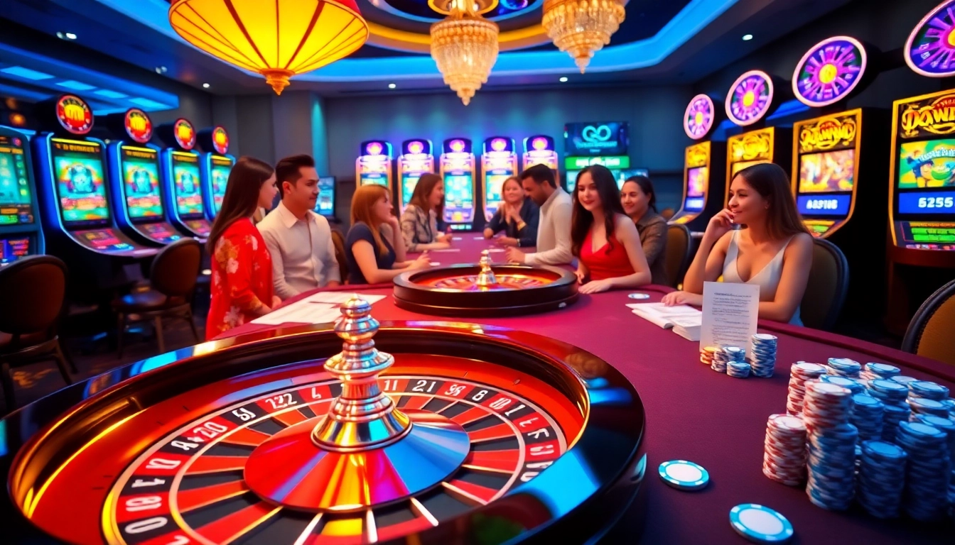 Experience thrilling gameplay at https://tg88.cafe/ featuring a luxurious casino atmosphere with poker chips and a roulette wheel.