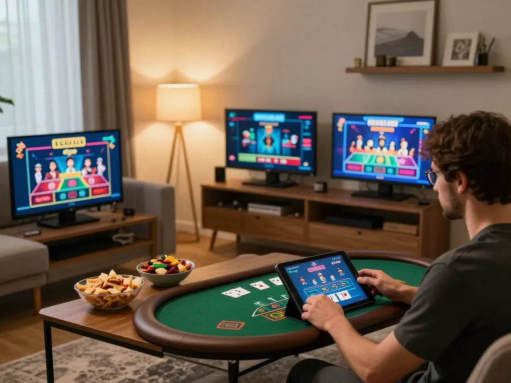 Engaging in an online casino game at home using https://mm88.se.net/ on a tablet, highlights a strategic gambling atmosphere.