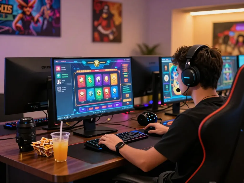Engaging online gaming scene with 789club graphics on desktop, colorful game icons and ambient gaming setup.