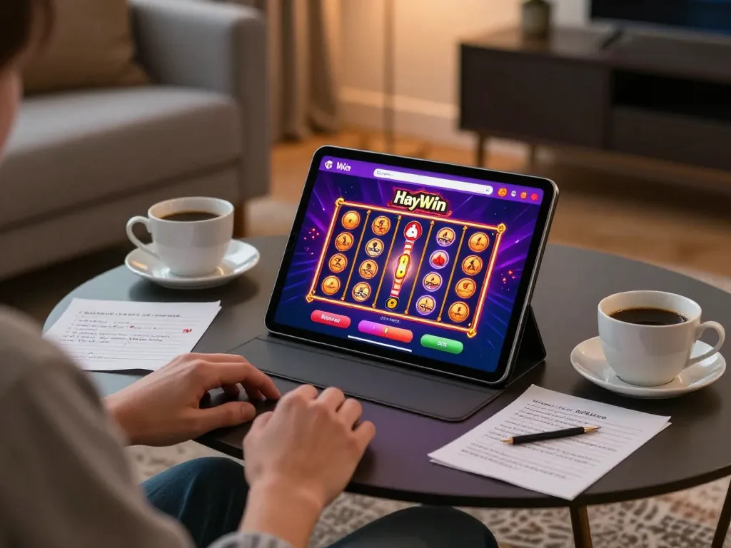 Experience Hay Win online gaming with a tablet showcasing the casino app interface in a cozy home setting.