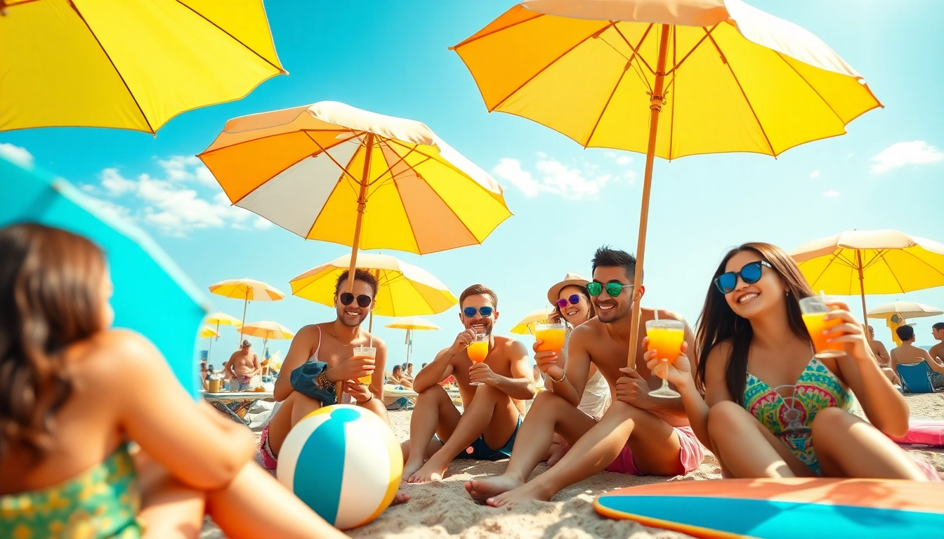 Friends enjoying a vibrant beach day, embodying the joy of Nắng Cực in a sunny outdoor scene.
