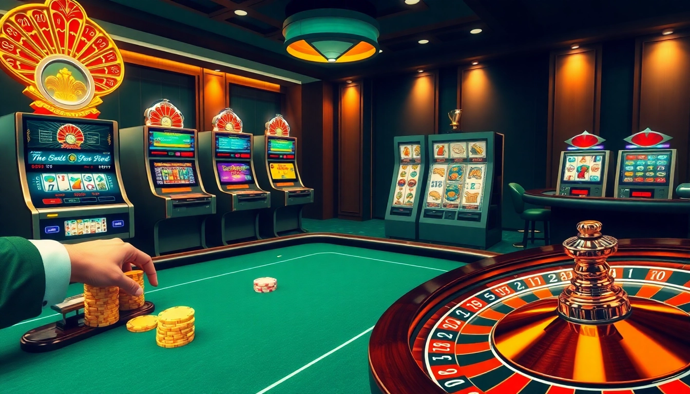 The online gaming experience at https://aa888bet.us/ features a luxurious casino interface with vibrant slot machines and a poker table.