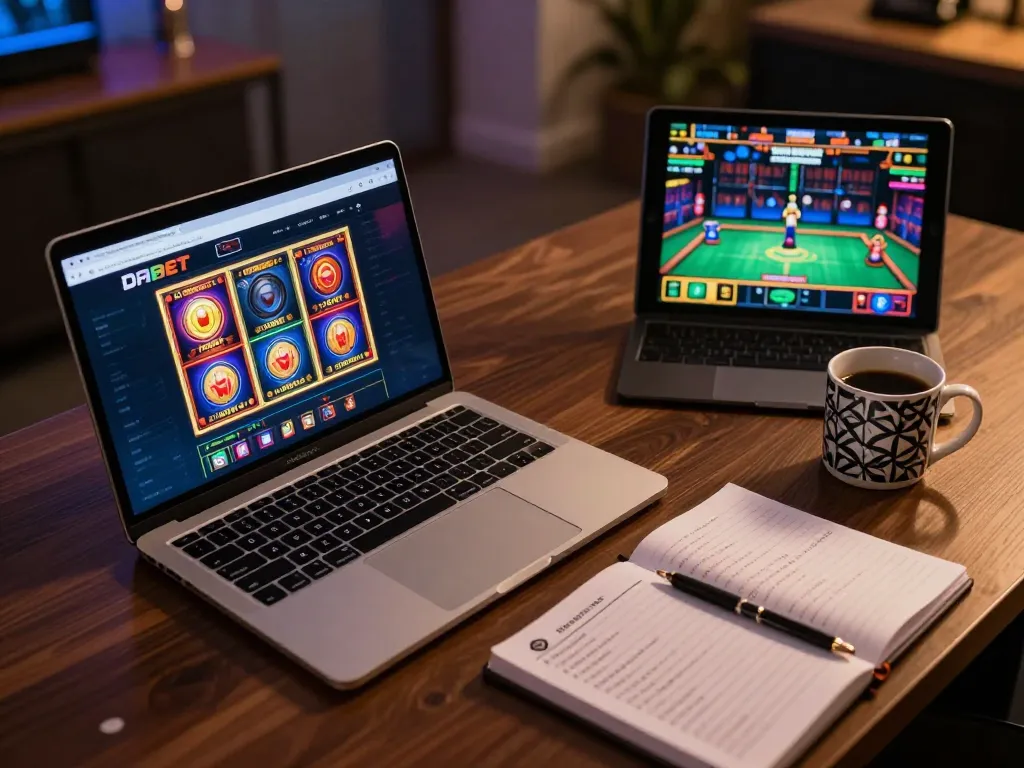 DABET online casino setup showing vibrant slot graphics on laptop with gaming notes, creating an immersive gambling atmosphere.