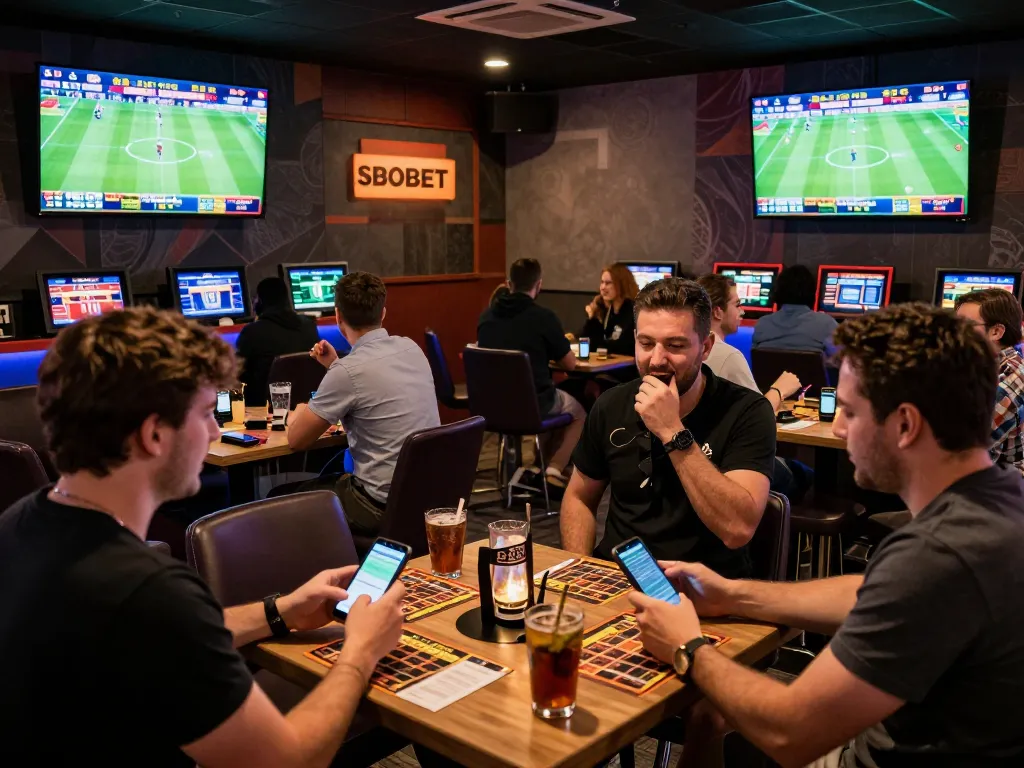 SBOBET's thrilling sports betting lounge filled with fans cheering and placing bets