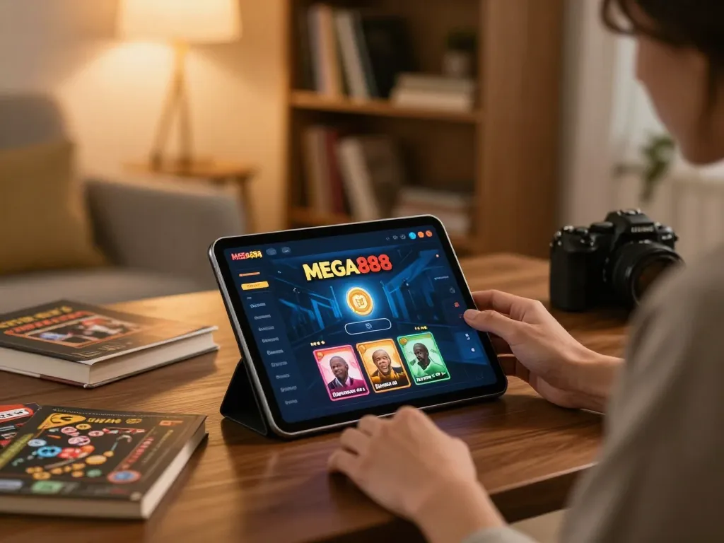 Engaged player exploring the MEGA888 app on tablet for strategic online gambling