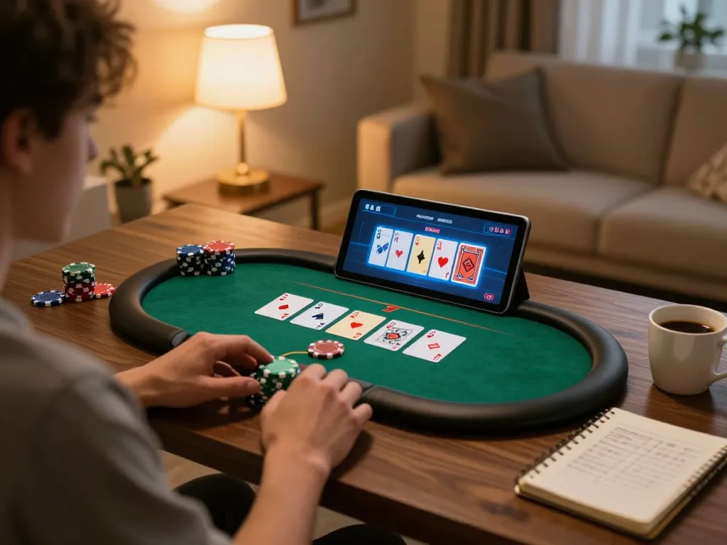 Luck8 player enjoying online gaming experience with poker interface and cozy home setup.