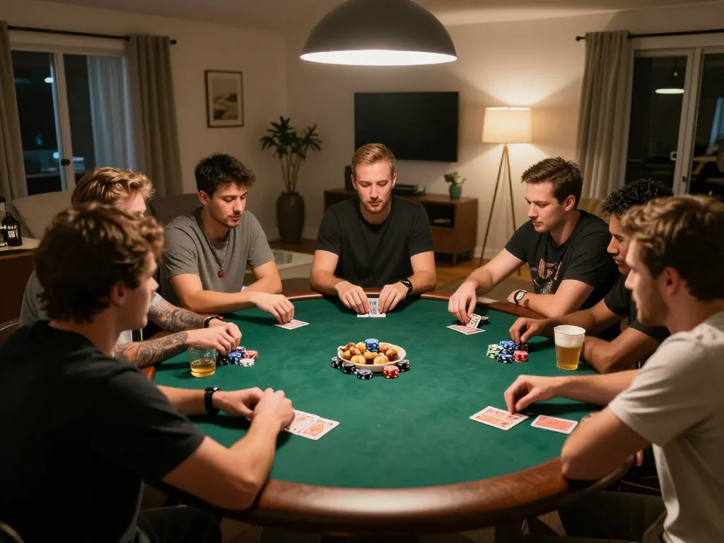 Friends enjoying an engaging poker night at home, showcasing strategic gameplay with Fly88 cards and chips.