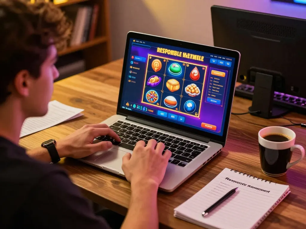 MM88 player engaged in online slots at home, showcasing responsible gaming practices and strategic planning