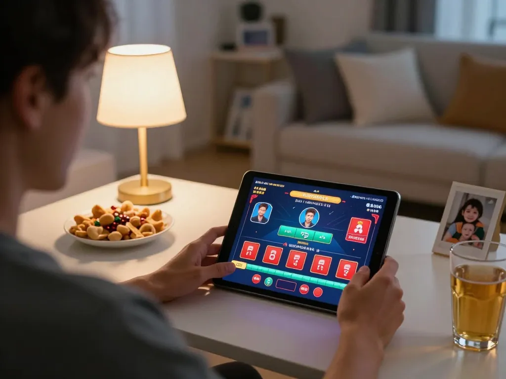 Engaged in online gambling with uu88 on a tablet, showcasing a live dealer game interface in a cozy home setting.