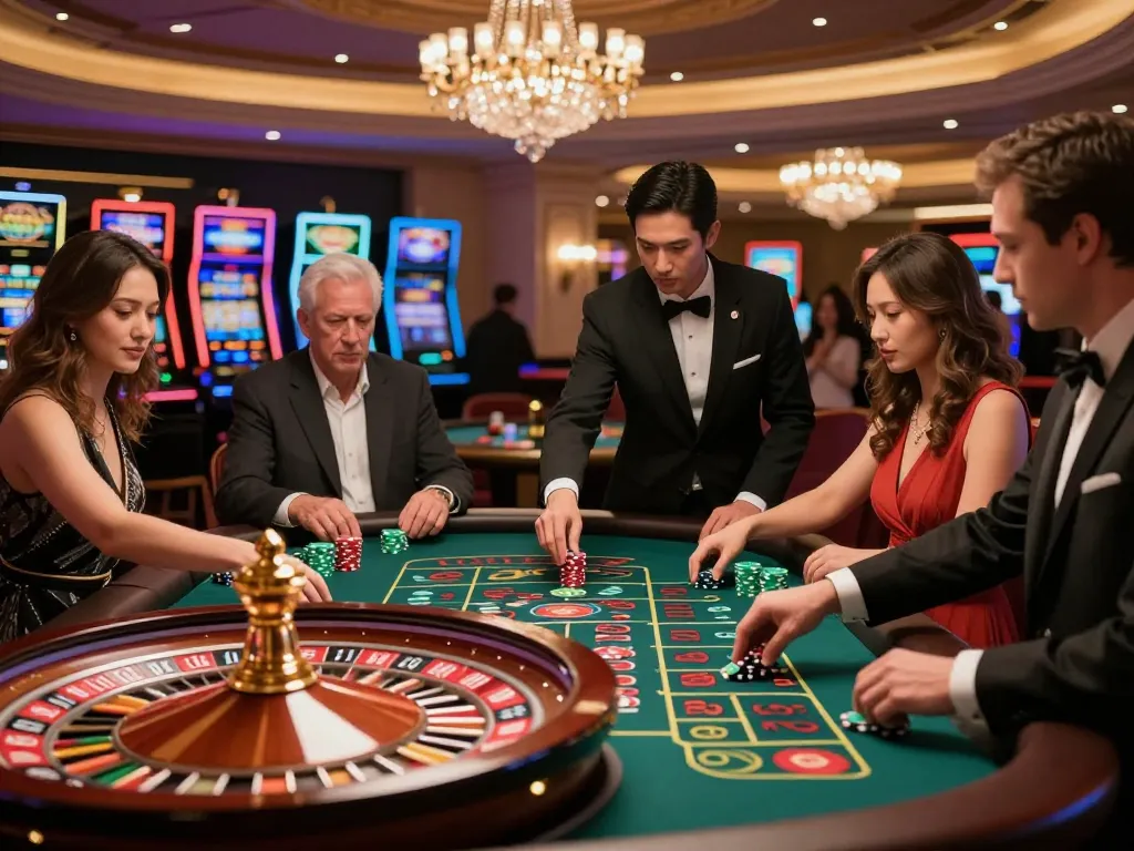 Engaging roulette game at https://fabet.credit/ with players placing bets and croupier spinning the wheel in a vibrant casino.