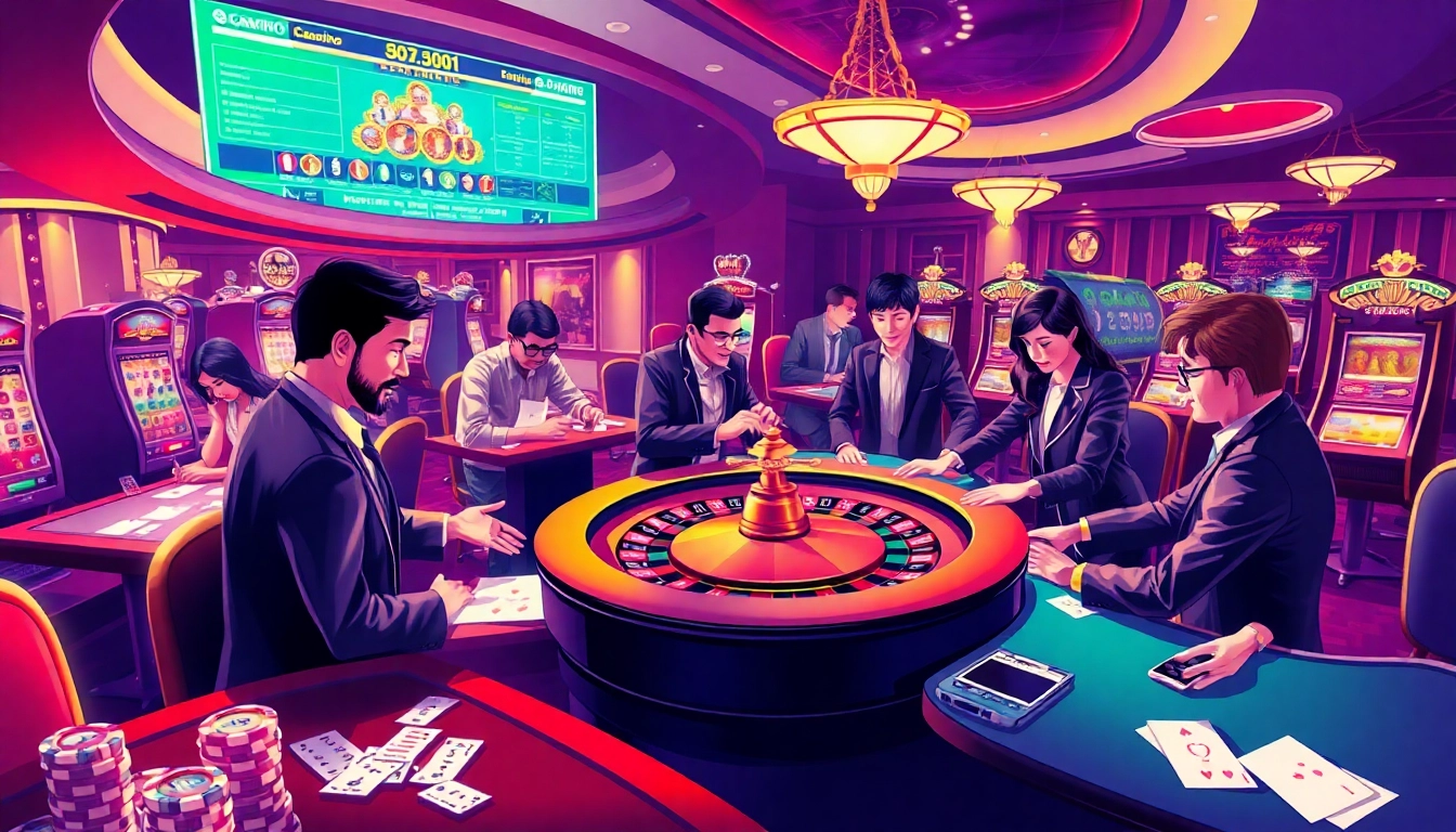 Gamblers enjoying an exhilarating game at https://xn88.law/ online casino, showcasing excitement with cards and chips.
