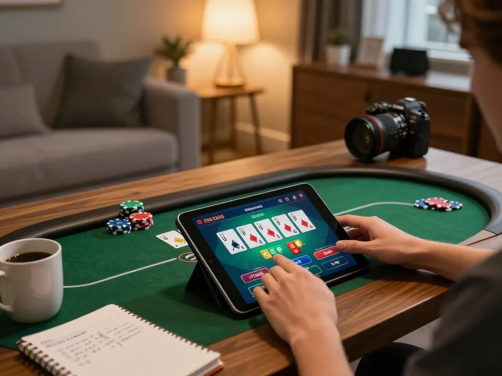 An individual plays poker online at https://f168.sarl/ using a tablet, showcasing strategic betting notes and a cozy gaming atmosphere.
