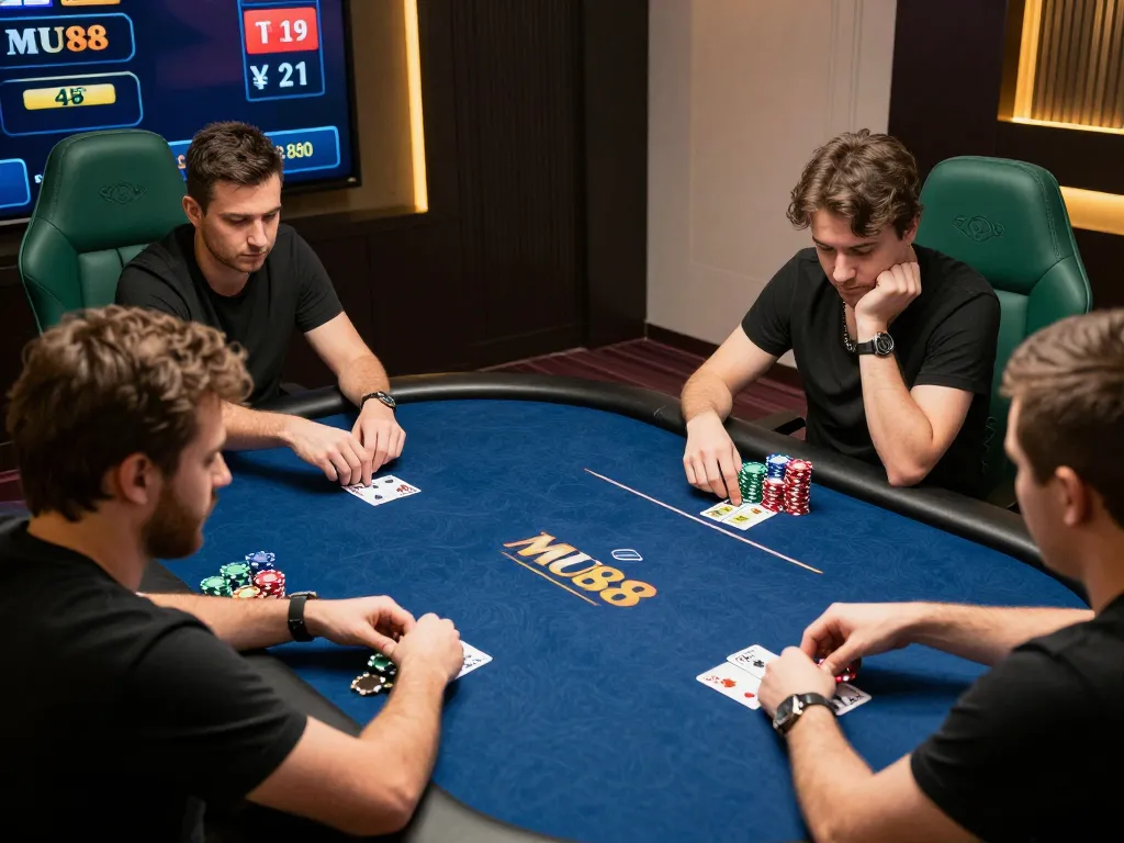 Players engaging in strategic poker gameplay on MU88’s platform, showcasing focused expressions and vibrant digital interfaces.