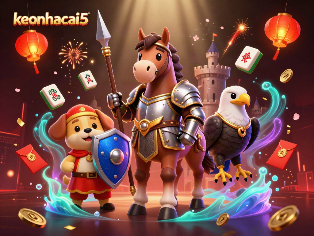 Keonhacai5 presents a lively 3D illustration of an armored knight, a puppy squire, and a falcon amidst festive gambling elements.