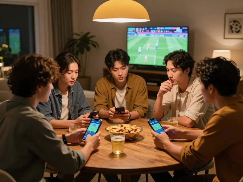 Friends engaging in kèo nhà cái betting on smartphone during a lively game night