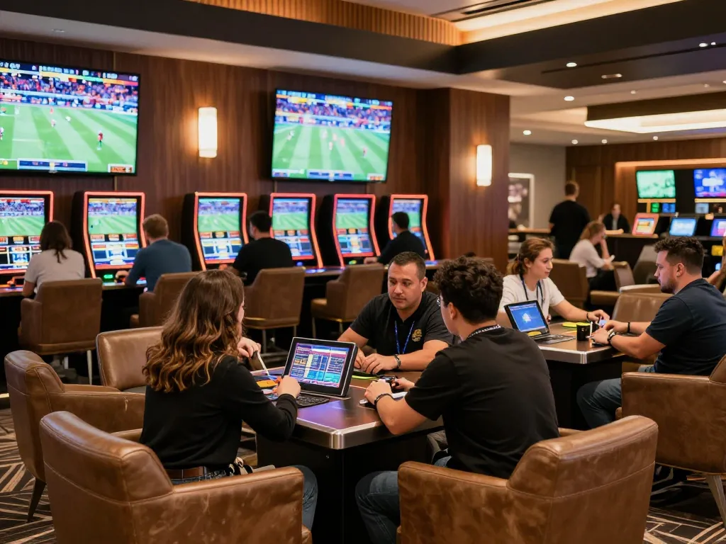 Place bets on sports at Onbet's lively betting lounge with friends excitedly discussing their wagers.