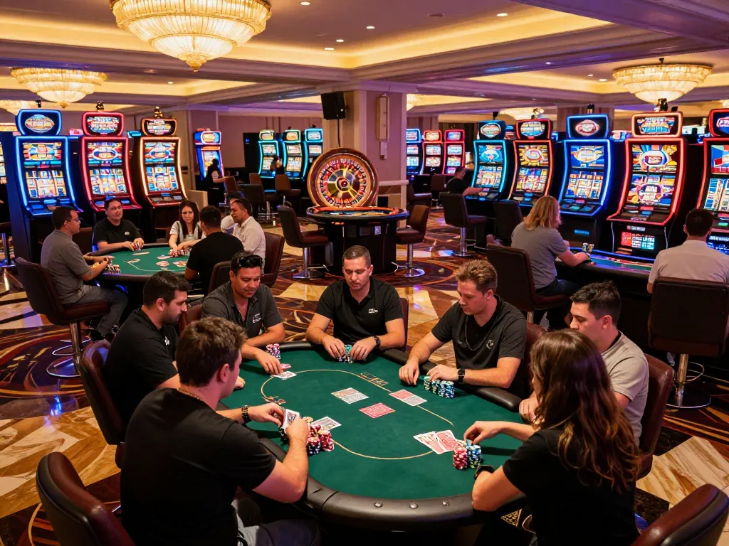 Exciting Las Vegas casino scene showcasing diverse games with players engaged at tables, spotlighting soibetzz gaming action.