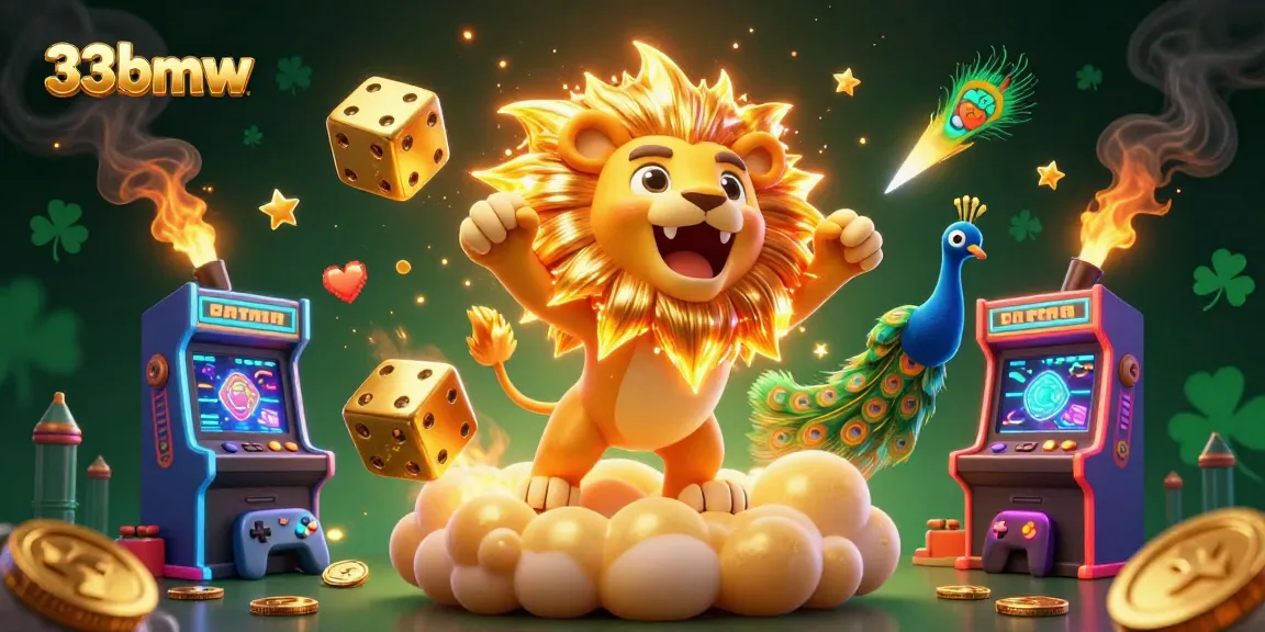 Players enjoy thrilling 33bmw games amid colorful arcade machines and golden dice in a vibrant casino scene.