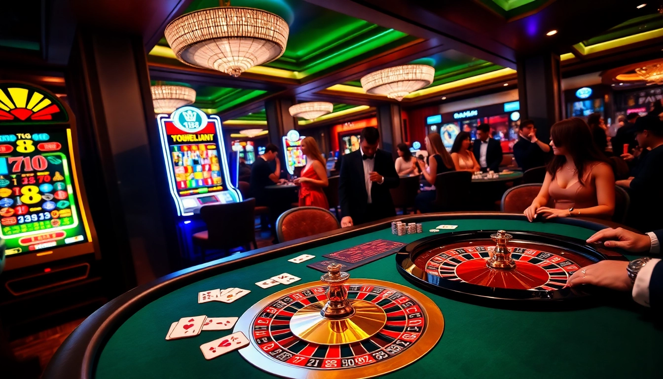 TG88 players enjoying a luxurious casino experience with poker, roulette, and slots.