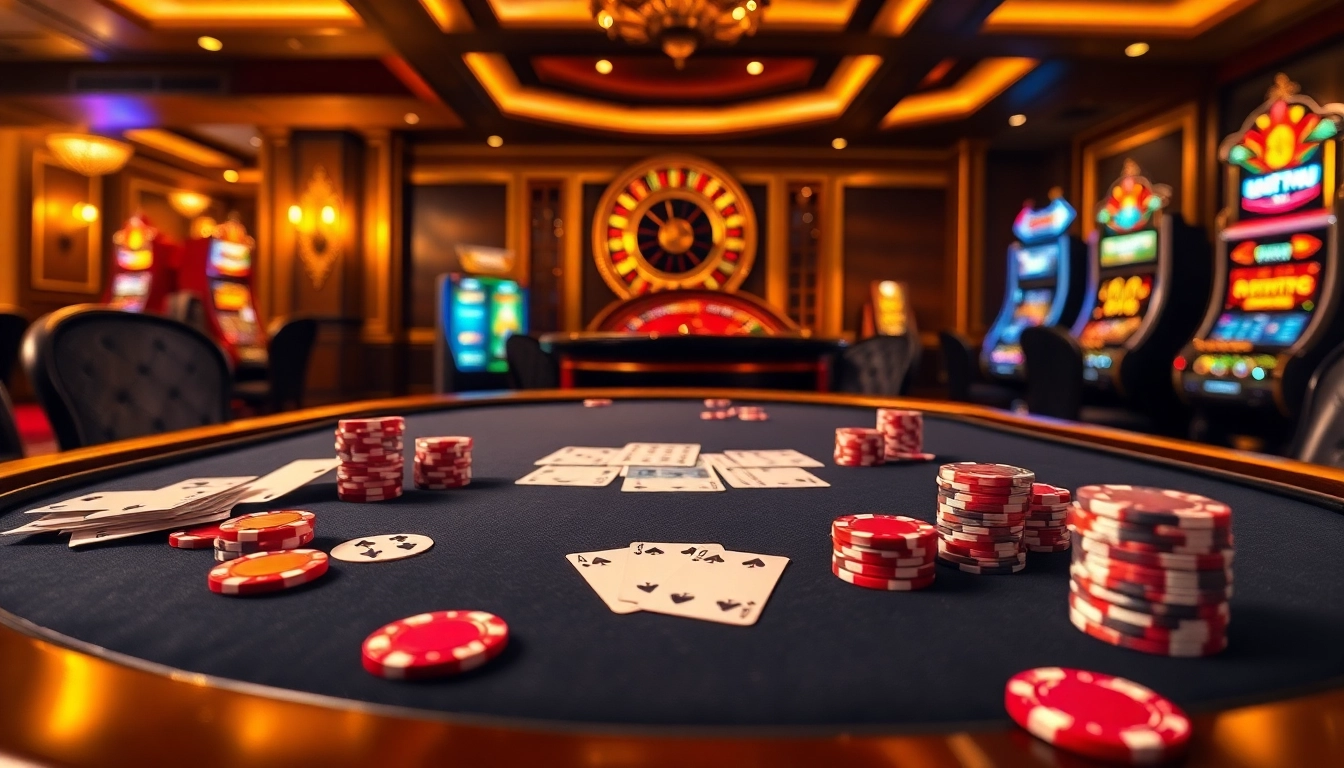 NET88 poker players engaged in a high-stakes game surrounded by vibrant casino elements.