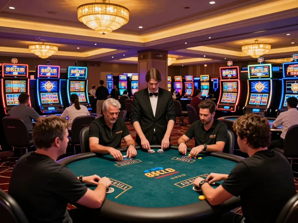Players enjoying poker games at 88clbgo casino, vibrant atmosphere and exciting gaming.