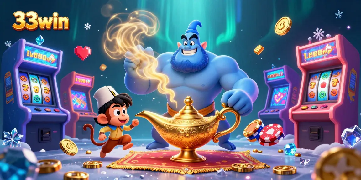 Engage with thrilling payouts at 33win as the genie grants casino jackpots in this vibrant 3D illustration.