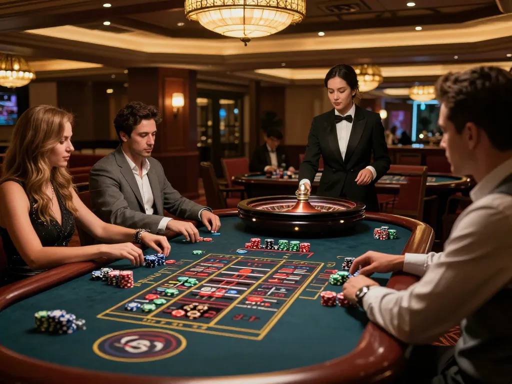 Players engaging at the roulette table in a luxurious casino setting, highlighting the excitement of fly888 gaming.