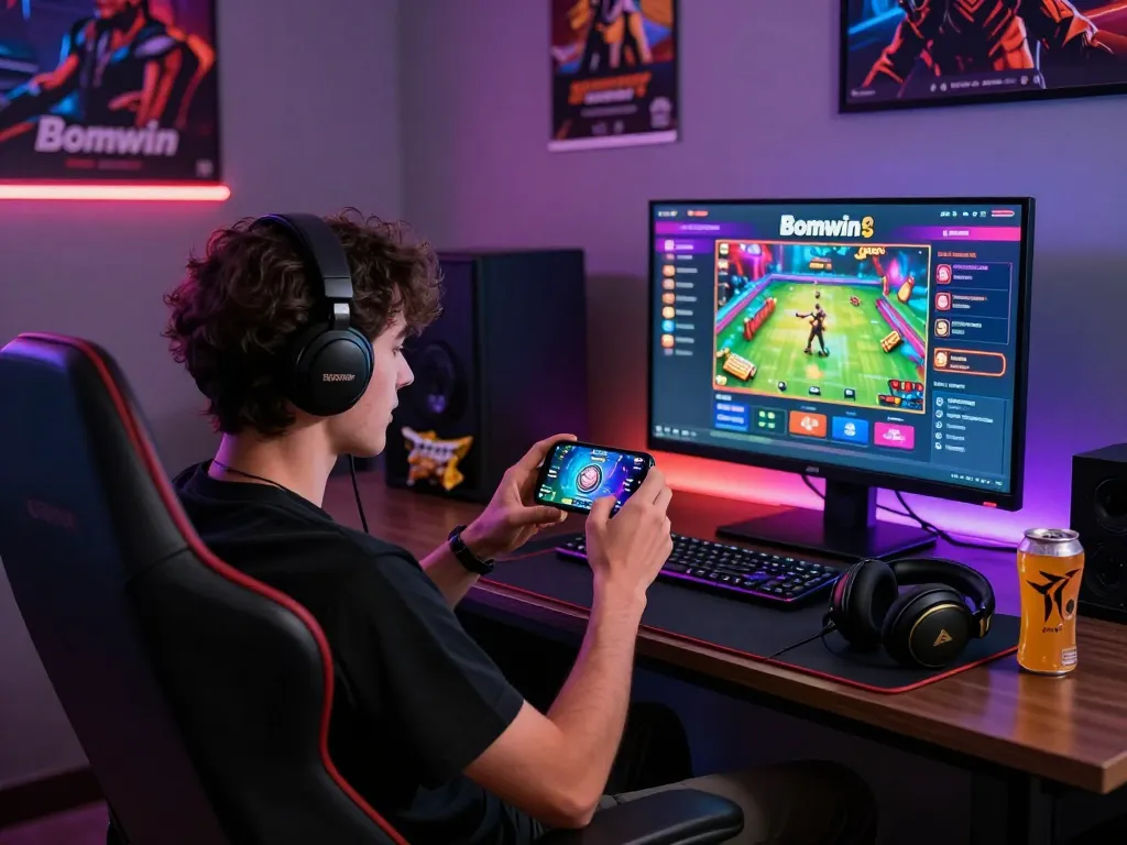 Excited user engaging with Bomwin app in colorful gaming setup.
