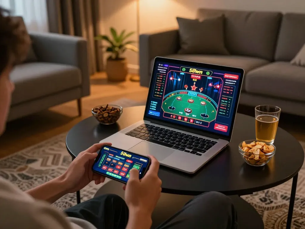 A player enjoying the 58win casino app on their smartphone in a cozy living room setting.