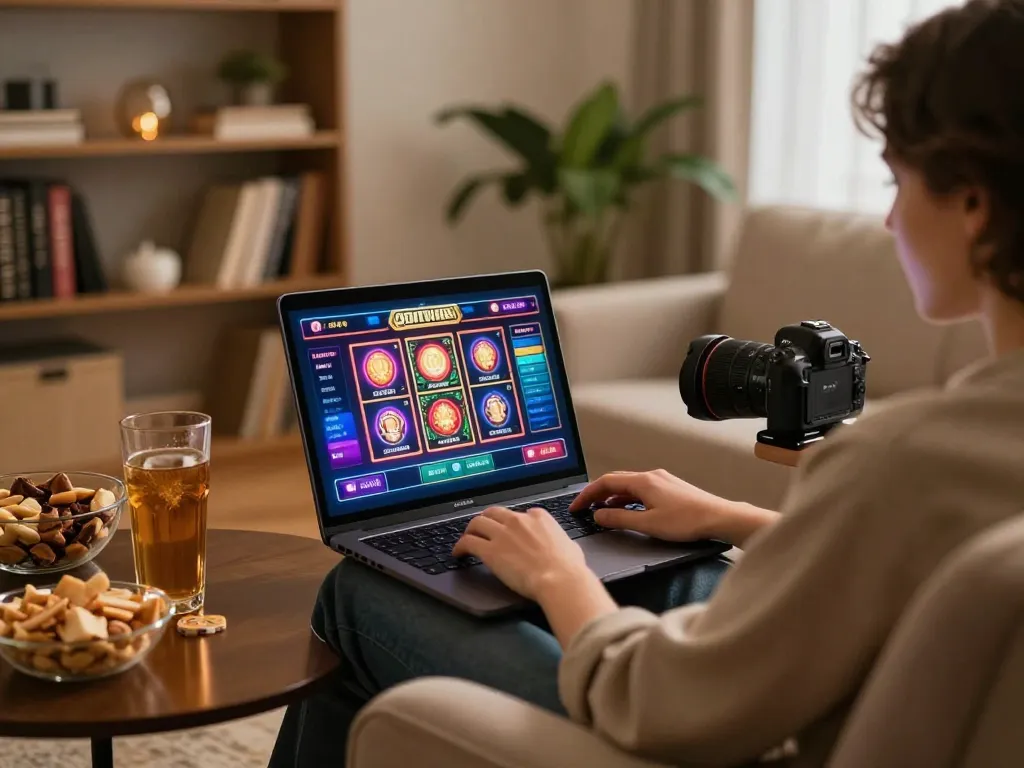 Engaging with 13Win online casino on a laptop, cozy home gaming environment, showcasing responsible gambling.
